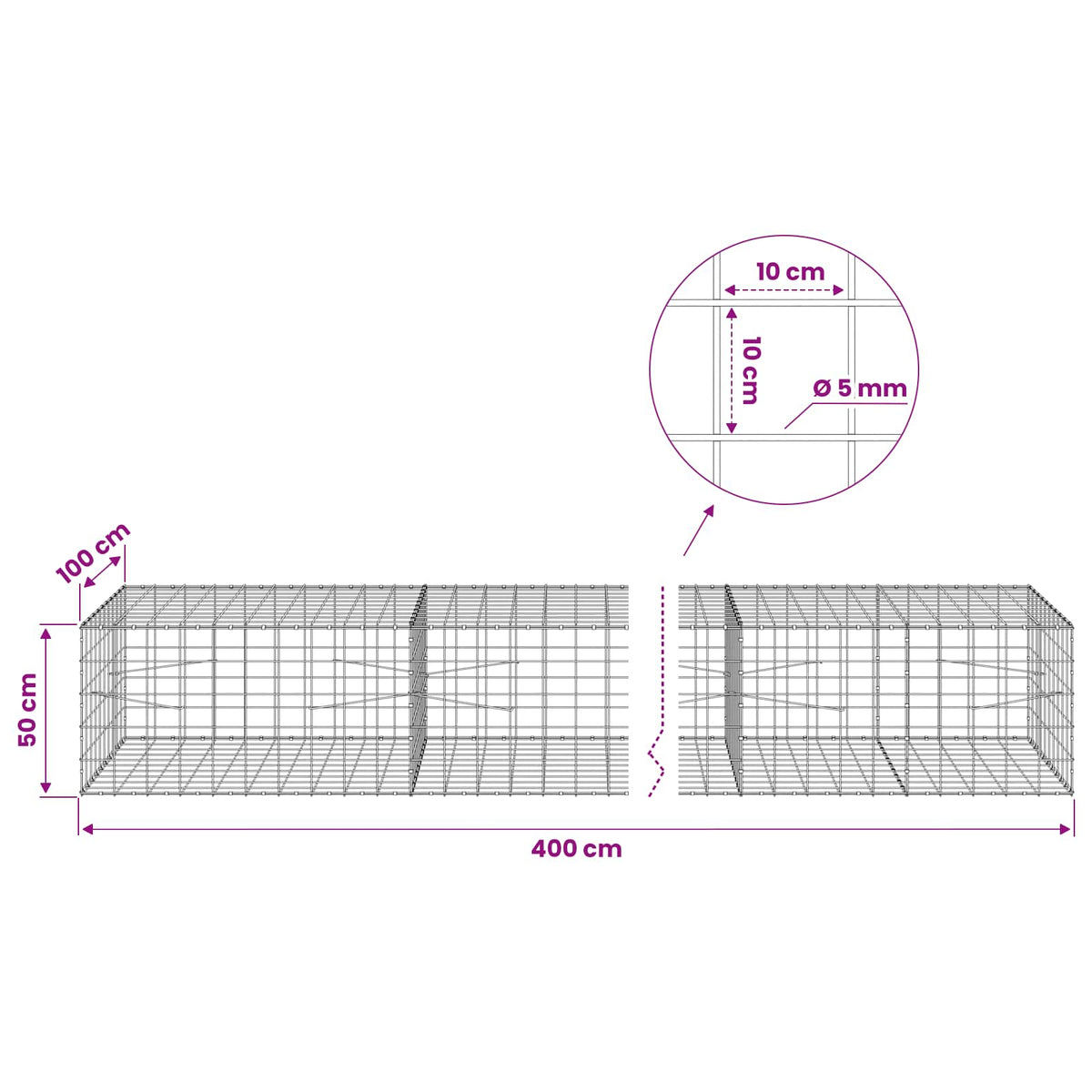 Gabion with 5 mm Wire and 10x10 cm Mesh 400x100x50 cm