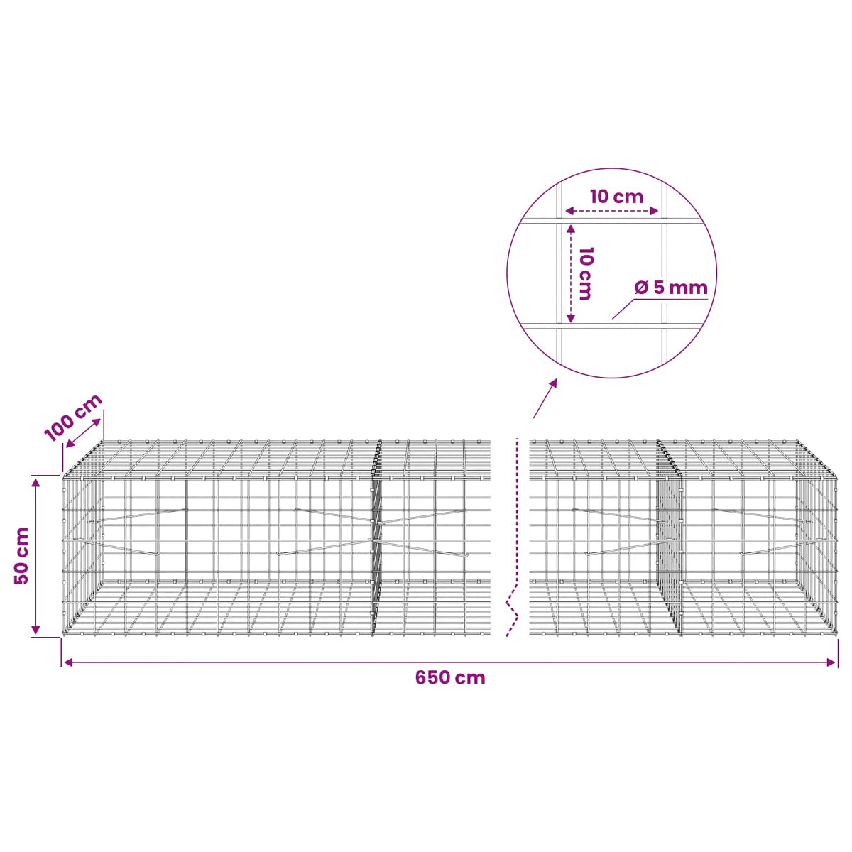 Gabion with 5 mm Wire and 10x10 cm Mesh 650x100x50 cm