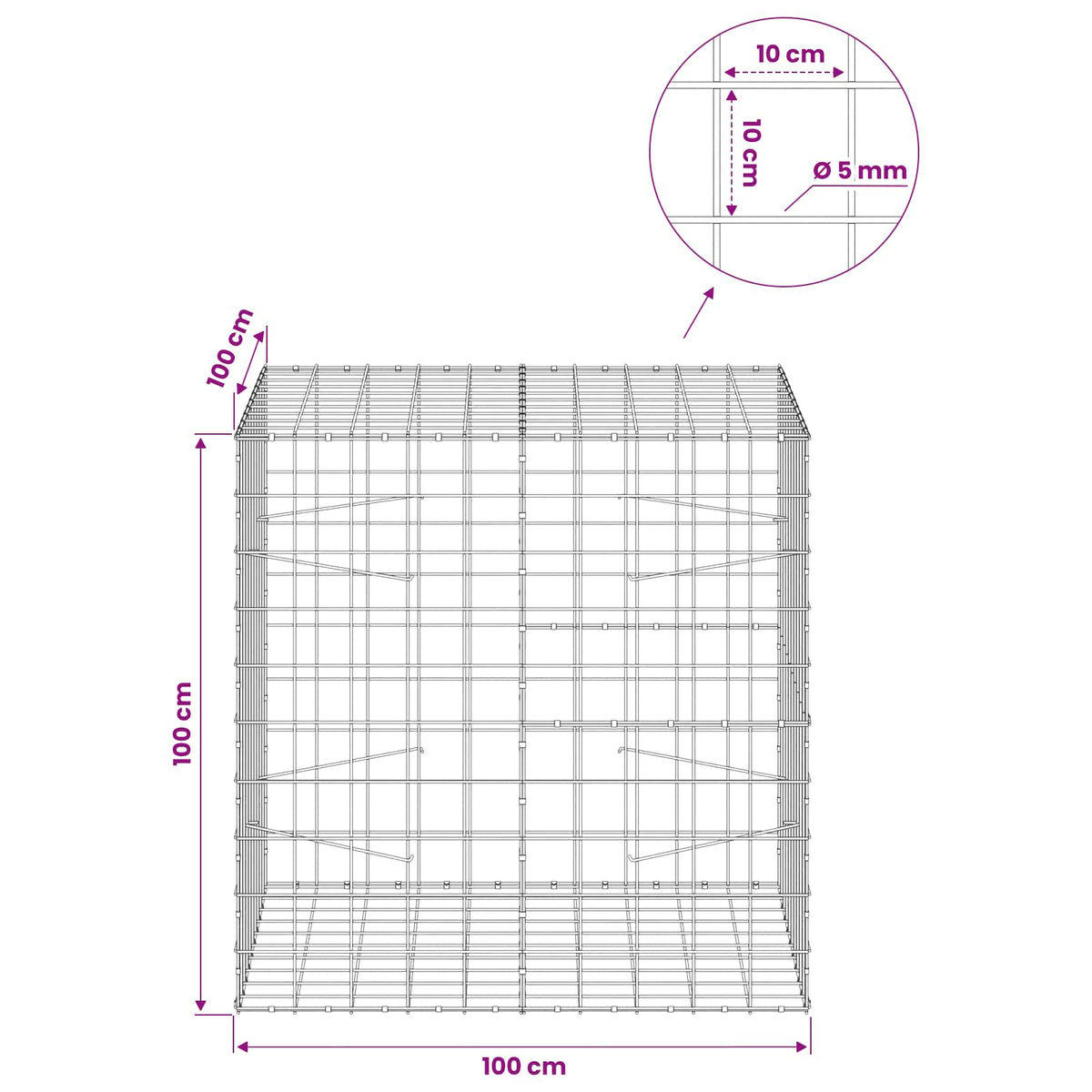 Gabion with 5 mm Wire and 10x10 cm Mesh 100x100x100 cm