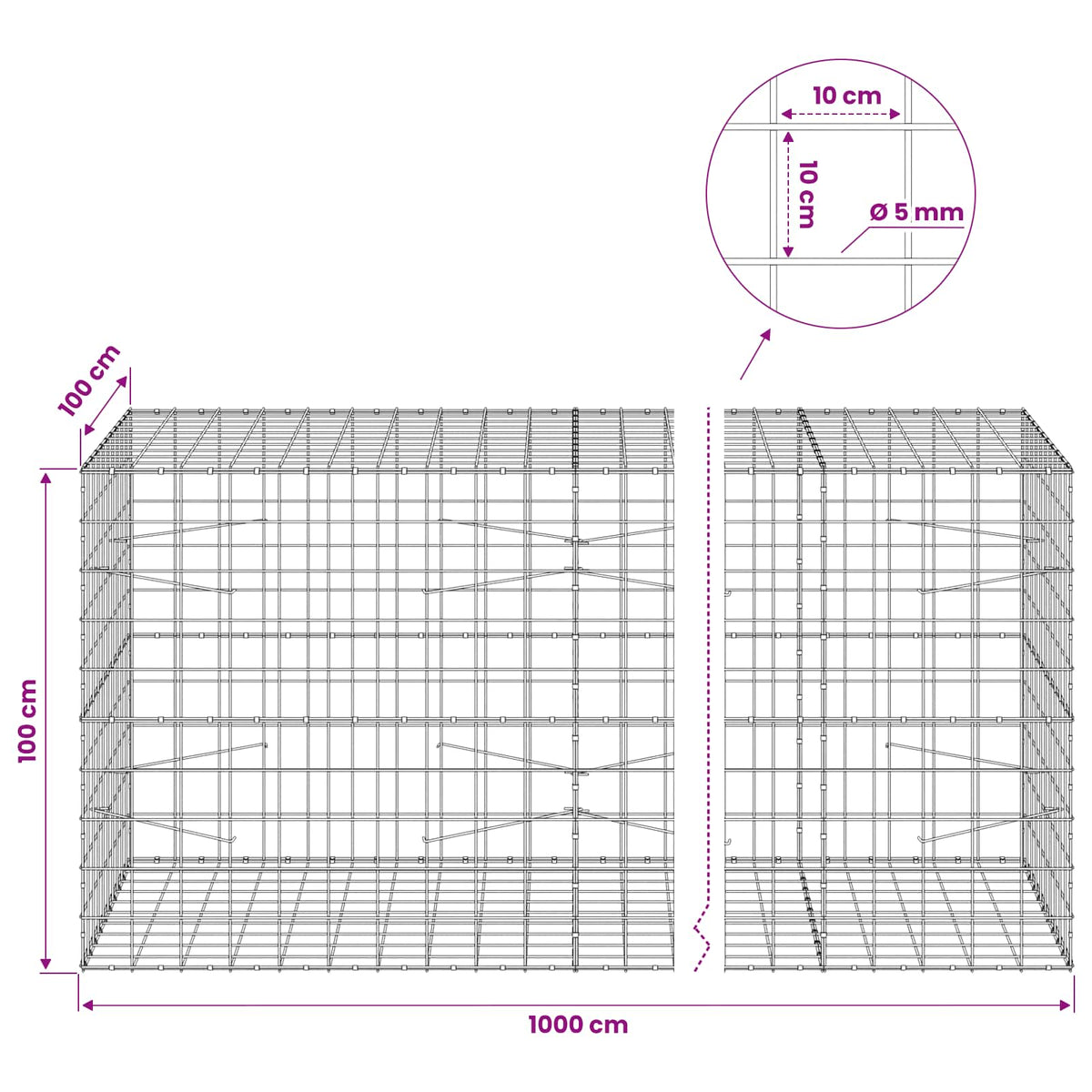 Gabion with 5 mm Wire and 10x10 cm Mesh 1000x100x100 cm