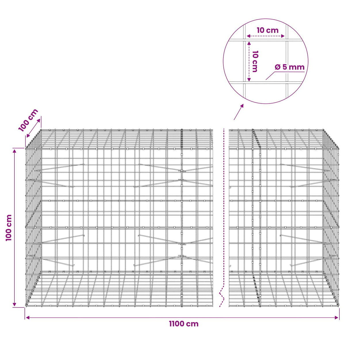 Gabion with 5 mm Wire and 10x10 cm Mesh 1100x100x100 cm