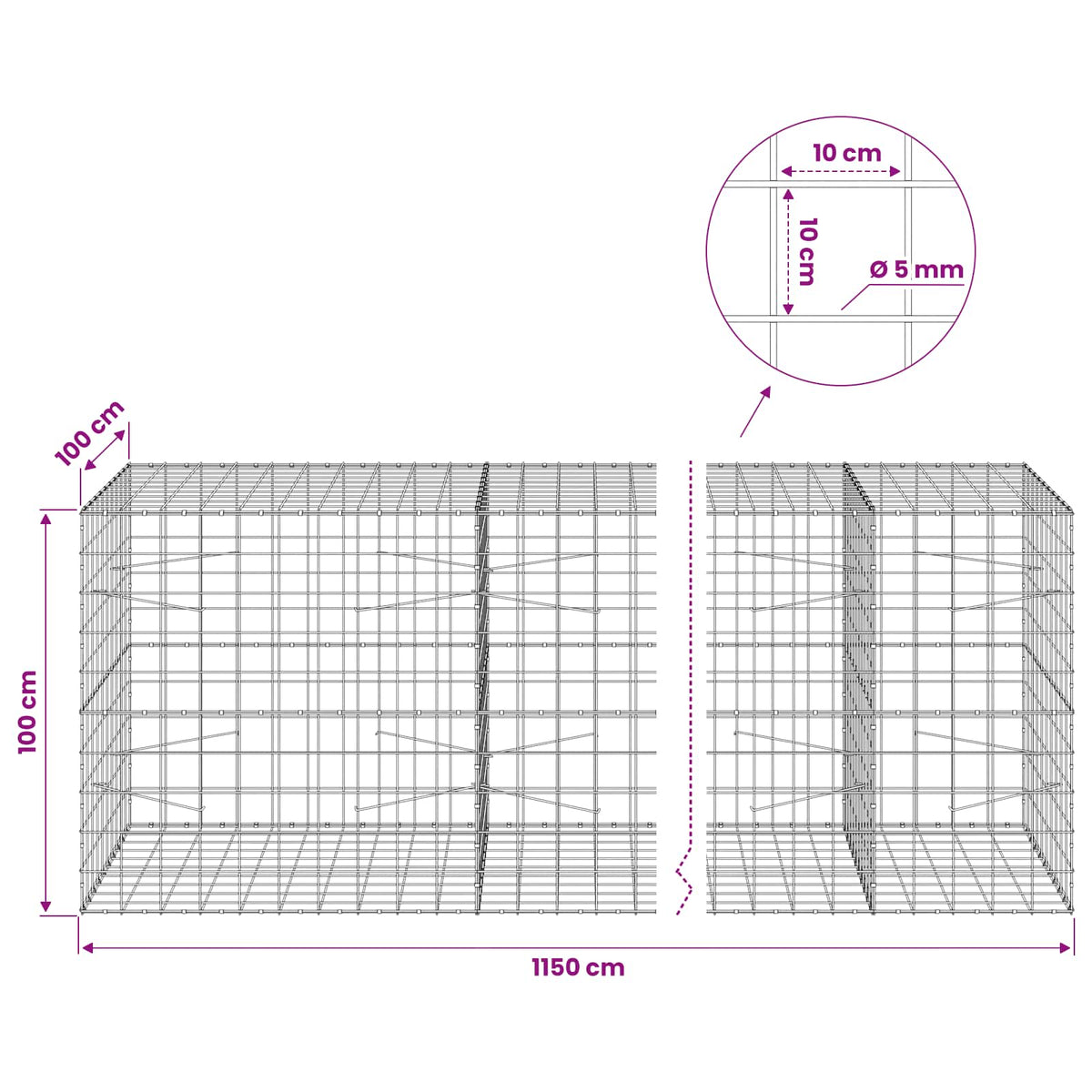 Gabion with 5 mm Wire and 10x10 cm Mesh 1150x100x100 cm