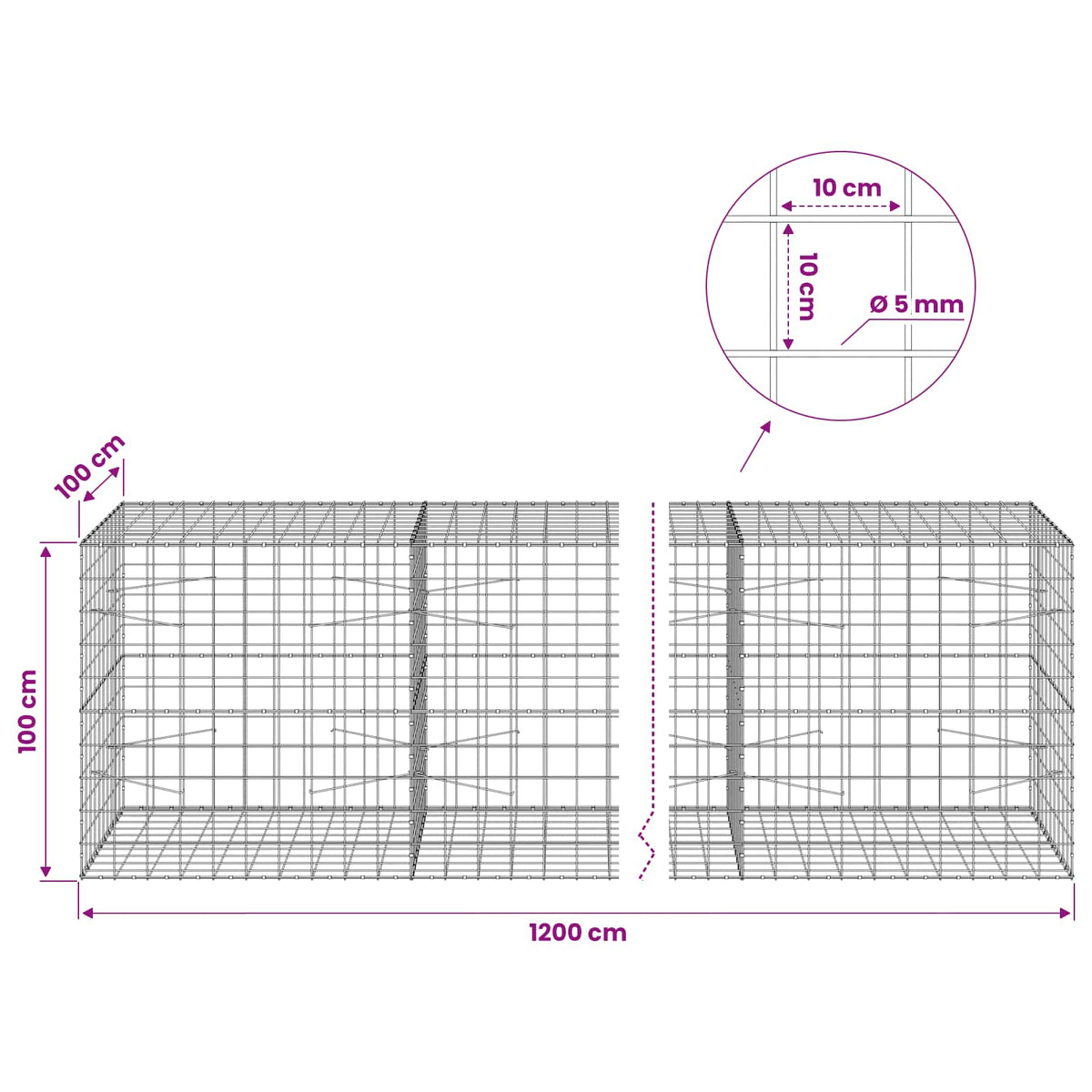 Gabion with 5 mm Wire and 10x10 cm Mesh 1200x100x100 cm