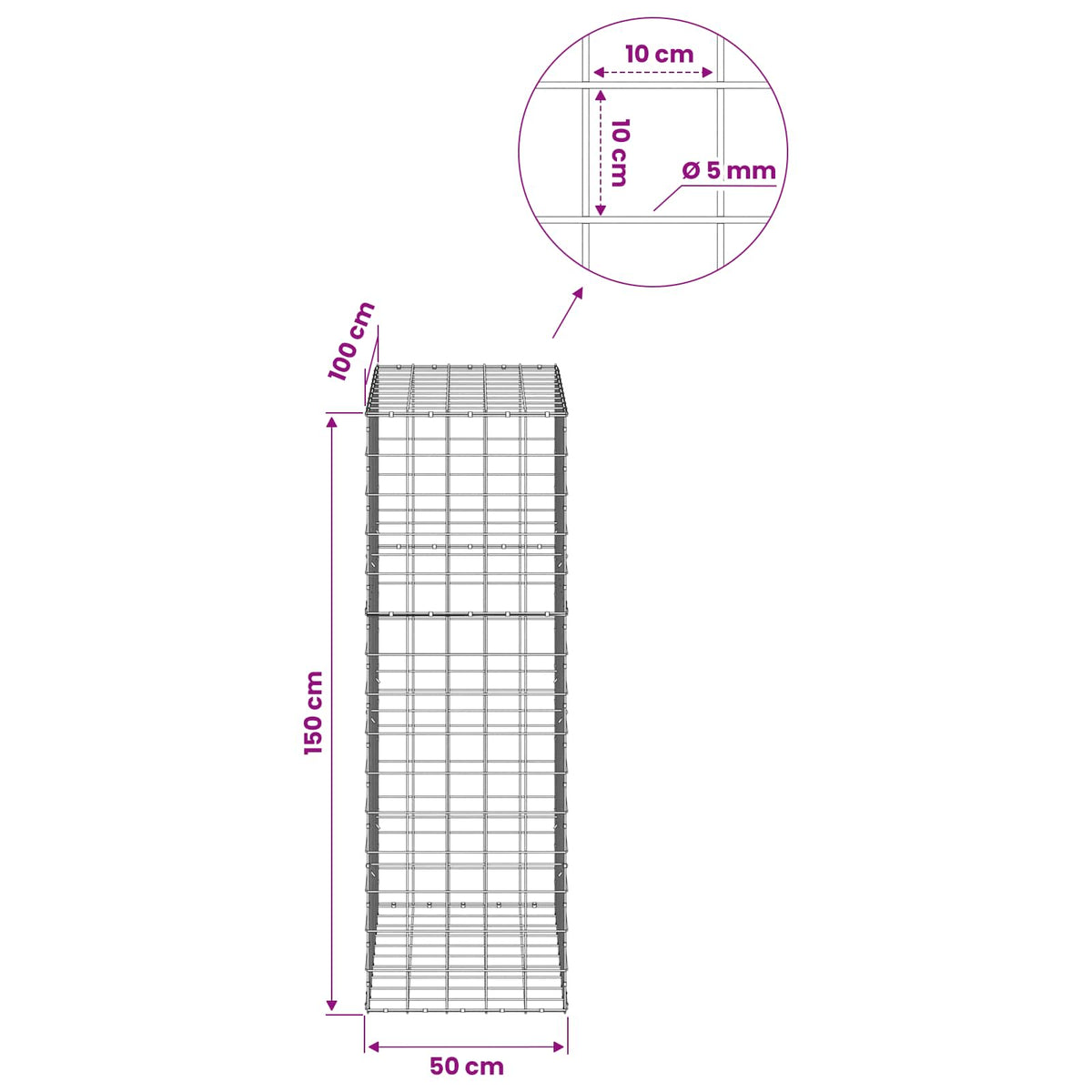 Gabion with 5 mm Wire and 10x10 cm Mesh 50x100x150 cm
