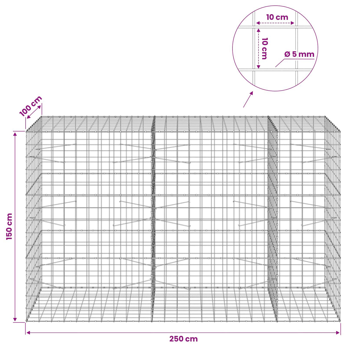 Gabion with 5 mm Wire and 10x10 cm Mesh 250x100x150 cm