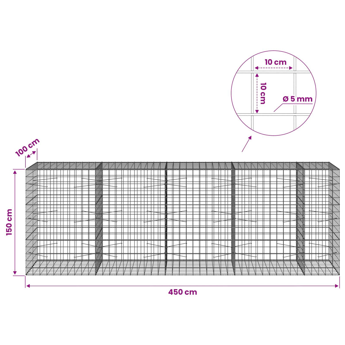 Gabion with 5 mm Wire and 10x10 cm Mesh 450x100x150 cm