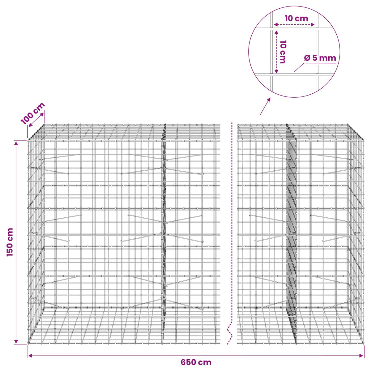 Gabion with 5 mm Wire and 10x10 cm Mesh 650x100x150 cm