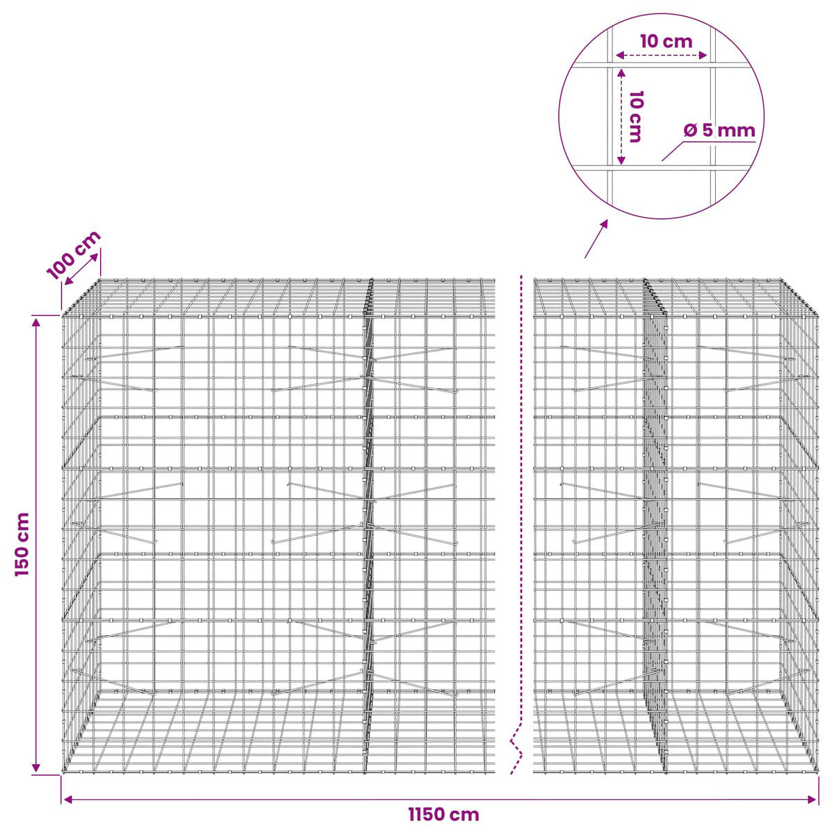Gabion with 5 mm Wire and 10x10 cm Mesh 1150x100x150 cm