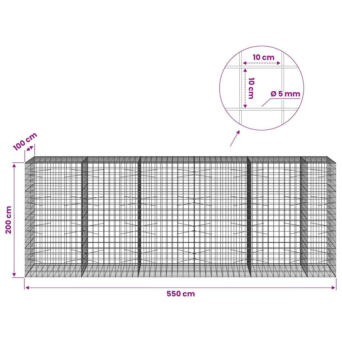 Gabion with 5 mm Wire and 10x10 cm Mesh 550x100x200 cm