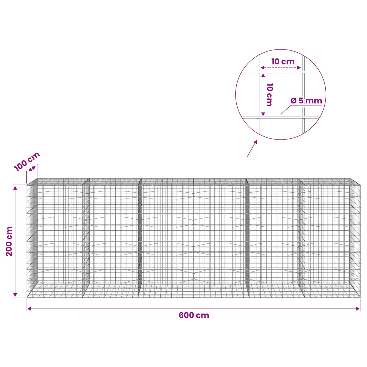 Gabion with 5 mm Wire and 10x10 cm Mesh 600x100x200 cm