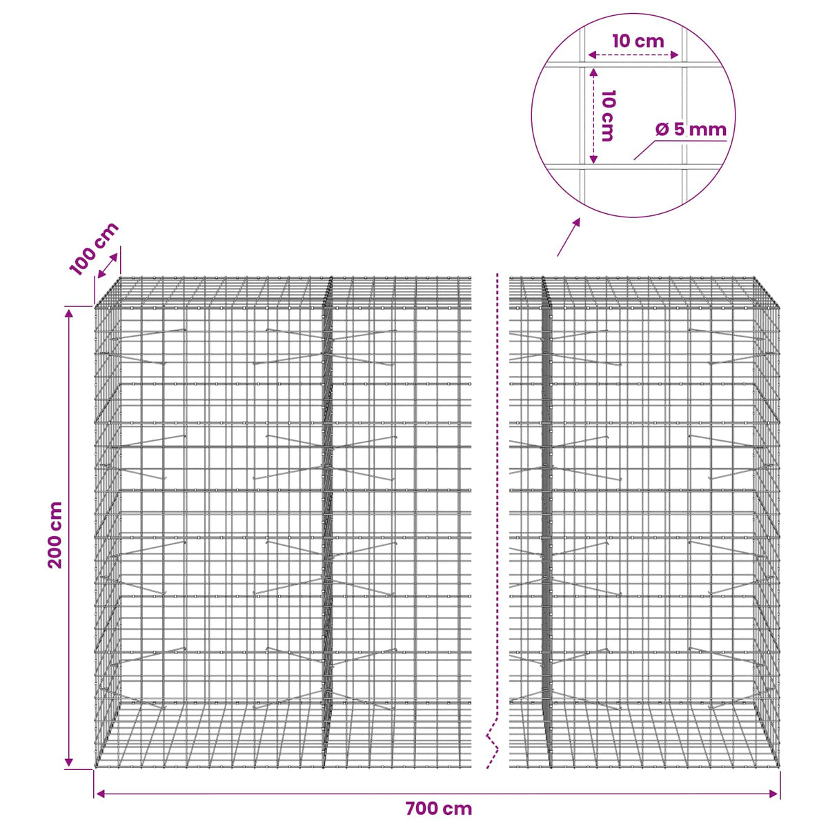 Gabion with 5 mm Wire and 10x10 cm Mesh 700x100x200 cm