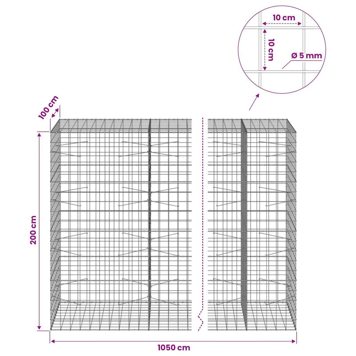 Gabion with 5 mm Wire and 10x10 cm Mesh 1050x100x200 cm