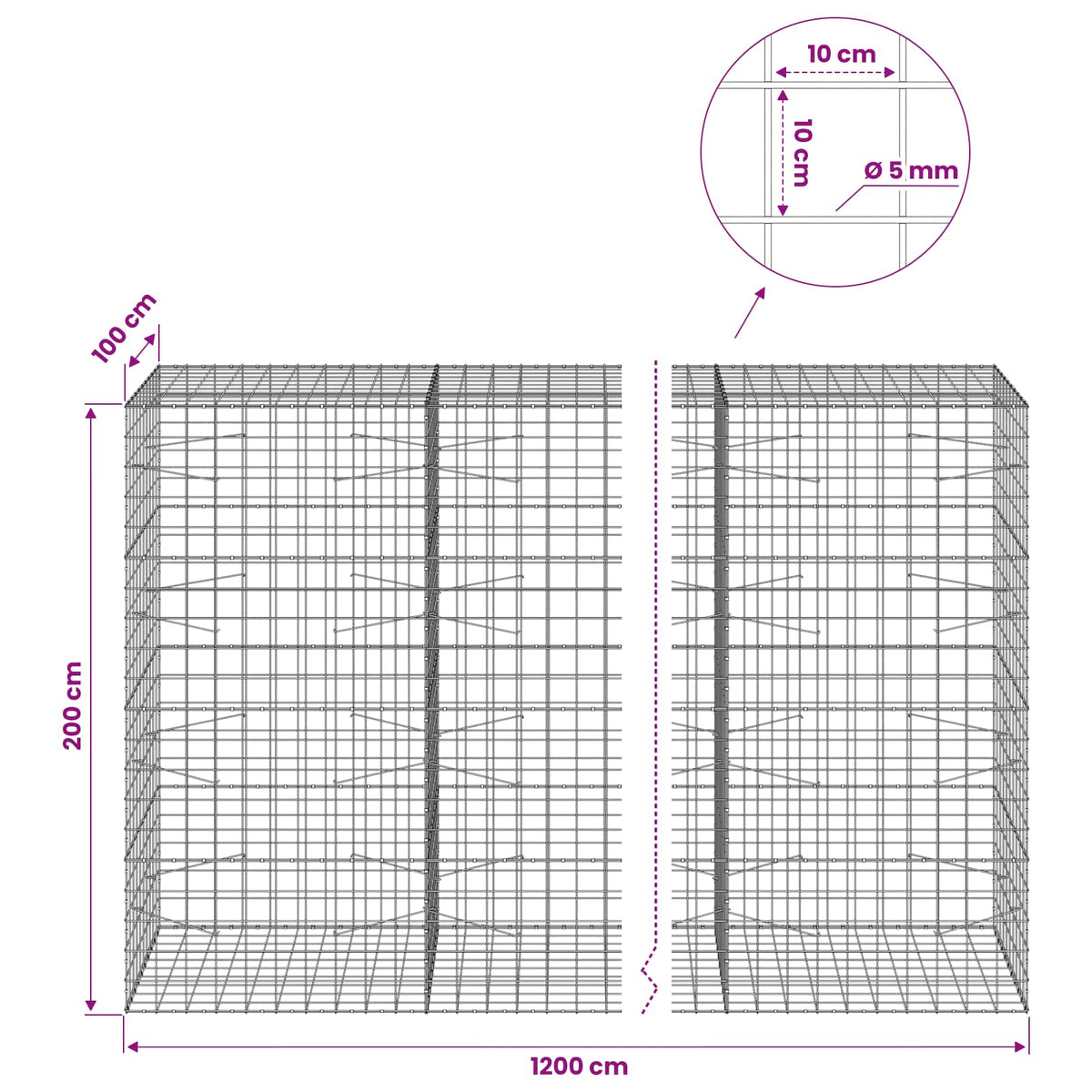 Gabion with 5 mm Wire and 10x10 cm Mesh 1200x100x200 cm