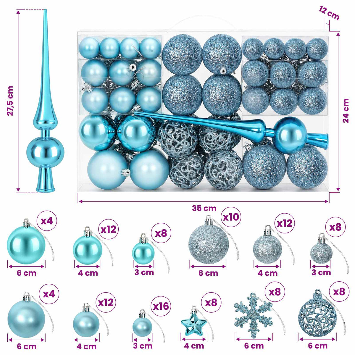 Christmas Ball Set 111 pcs Turquoise Dia. 6 cm Polystyrene