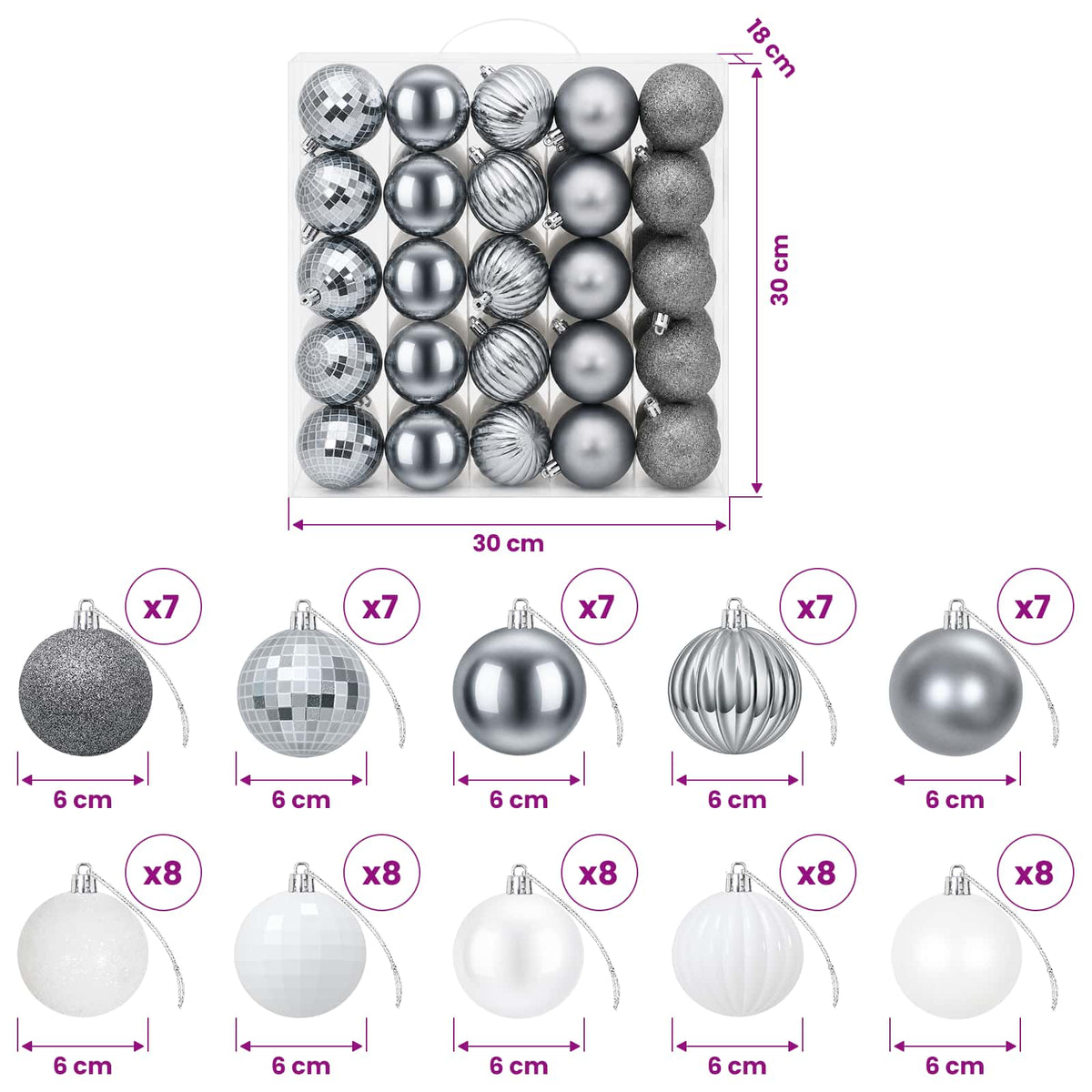 Christmas Ball Set 75 pcs White and Grey 6 cm Polystyrene