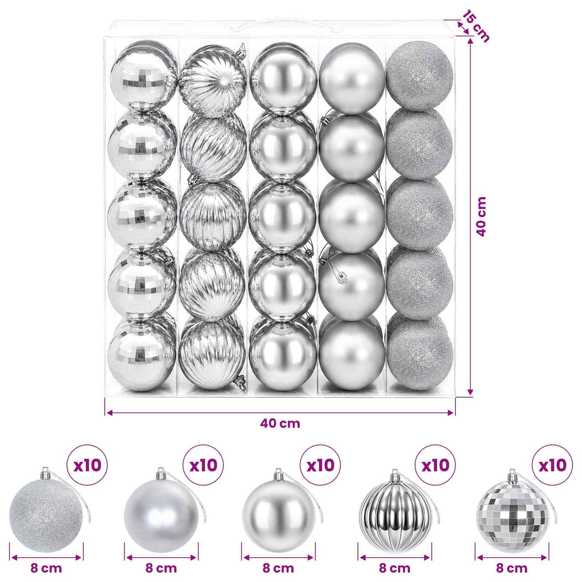 Christmas Ball Set 50 pcs Silver 8 cm Polystyrene