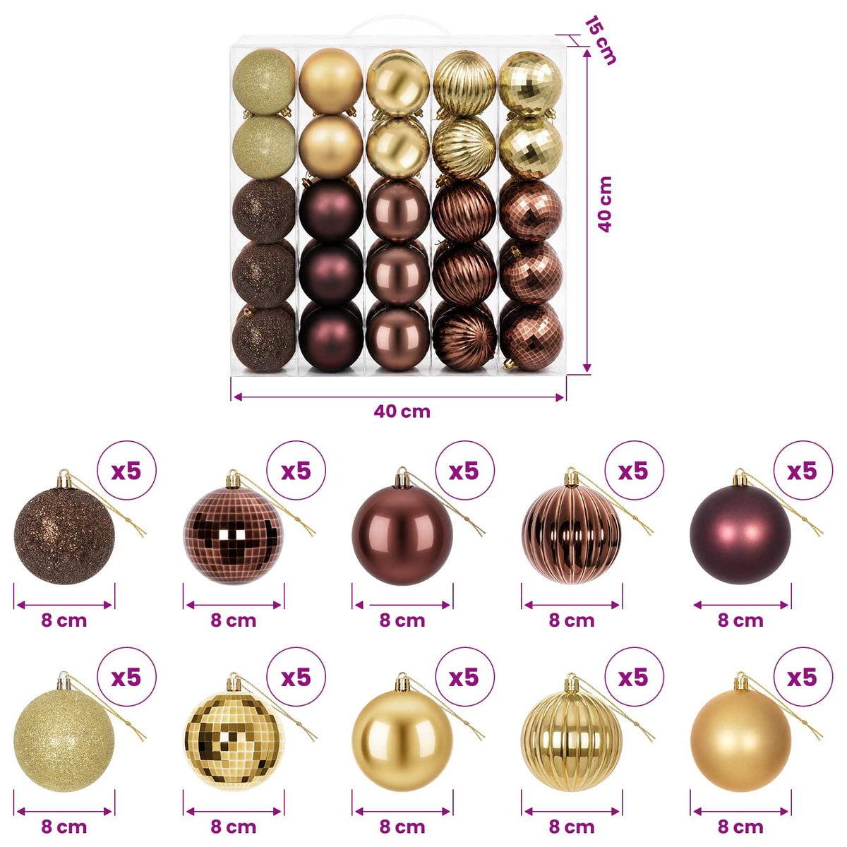 Christmas Ball Set 50 pcs Brown and Gold 8 cm Polystyrene
