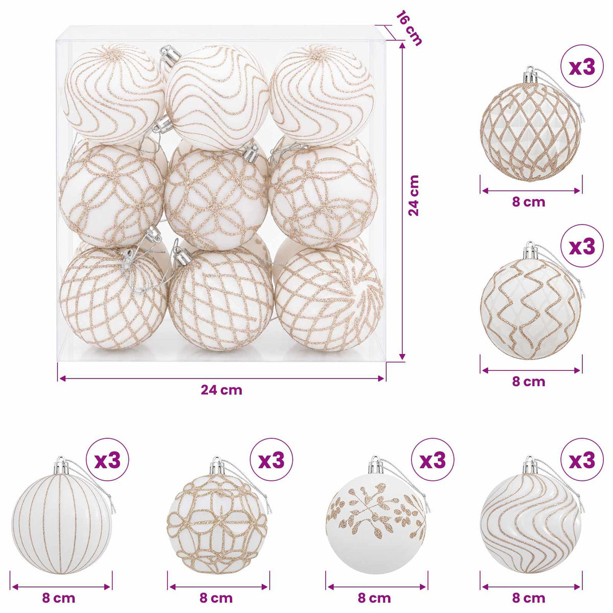 Christmas Ball Set XL 18 pcs White and Rose Gold 8 cm