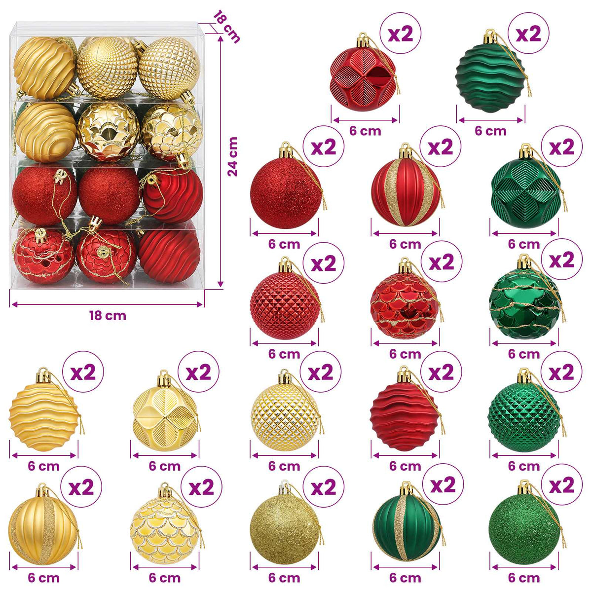 Christmas Ball Set 36 pcs Red, Gold and Green 6 cm Polystyrene