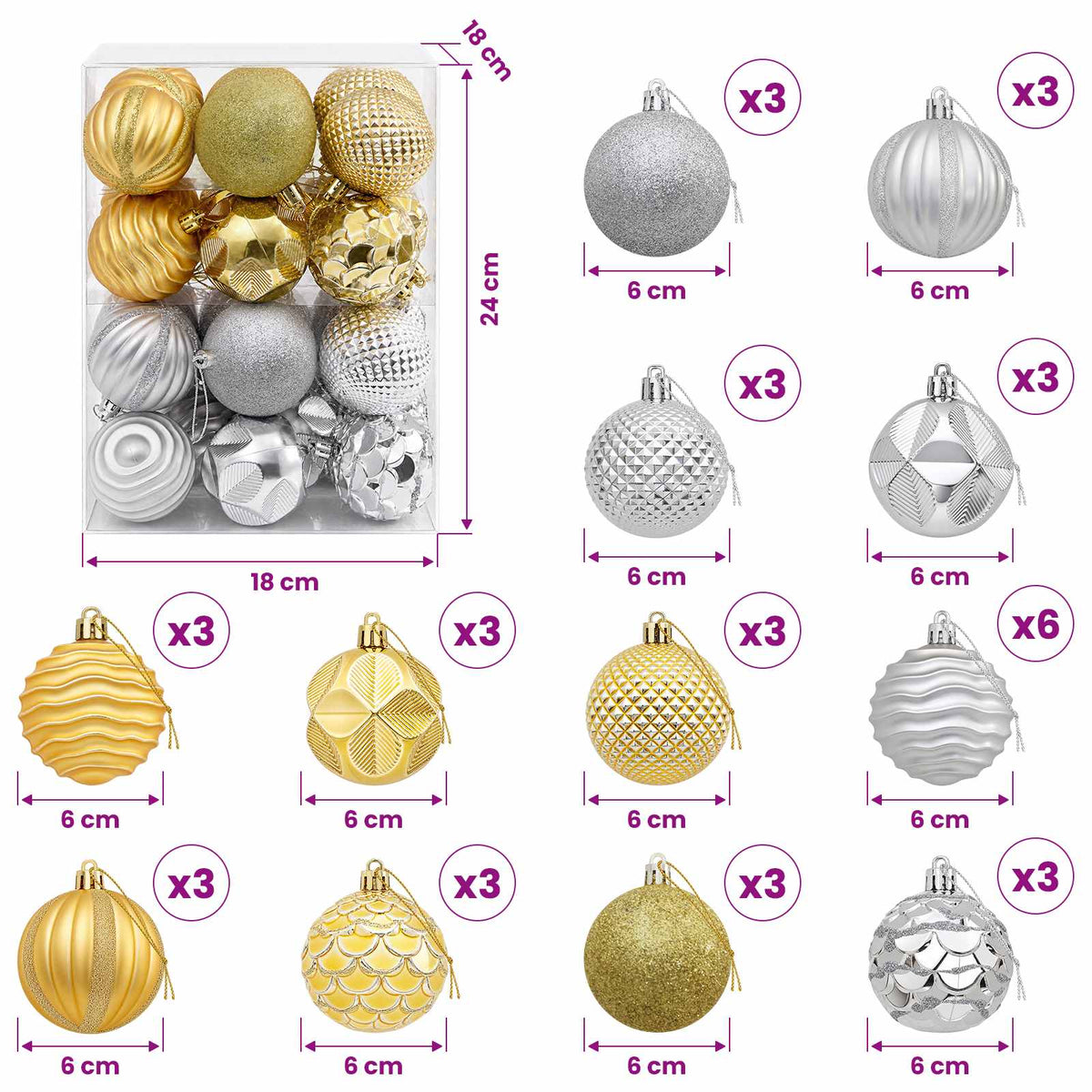 Christmas Ball Set 36 pcs Silver and Gold 6 cm Polystyrene
