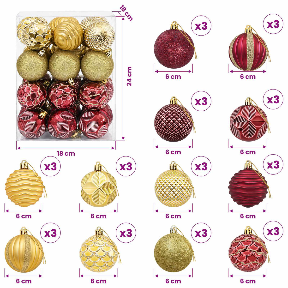 Christmas Ball Set 36 pcs Gold and Wine Red 6 cm Polystyrene