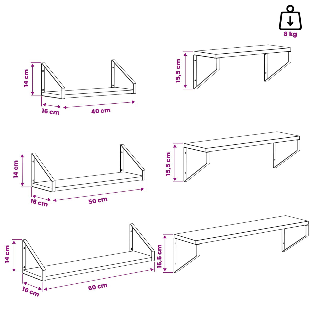 Wall Shelves 3 pcs Black Oak 60 x 16 x 15.5 cm