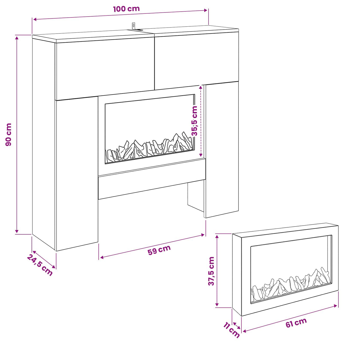 Electric Fireplace Old Wood 100 x 24.5 x 90 cm Engineered wood