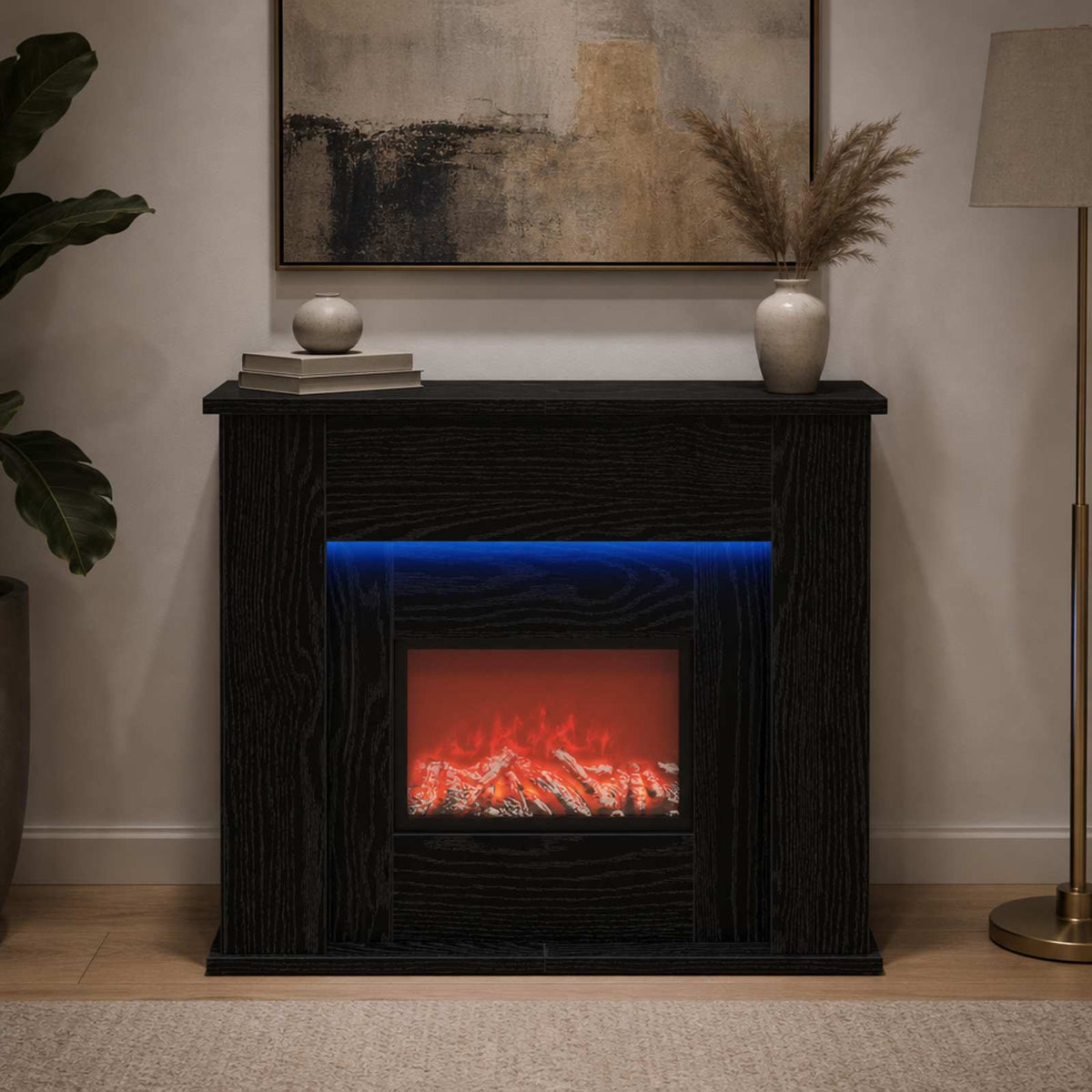Fireplace with LED Strip Black Oak 63 x 20 x 54.5 cm