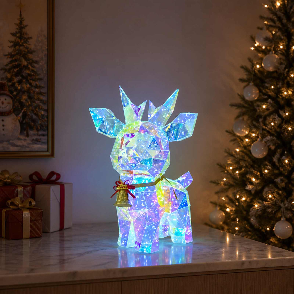 Prismatic Iridescent LED Reindeer with Bell Multicolour