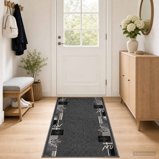 Runner Rug FLORNES Woven Grey Leaves 100 x 350 cm PP 7 mm