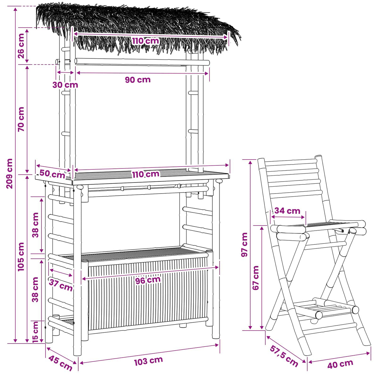Outdoor Bar Table and Stools 3 pcs Natural Bamboo