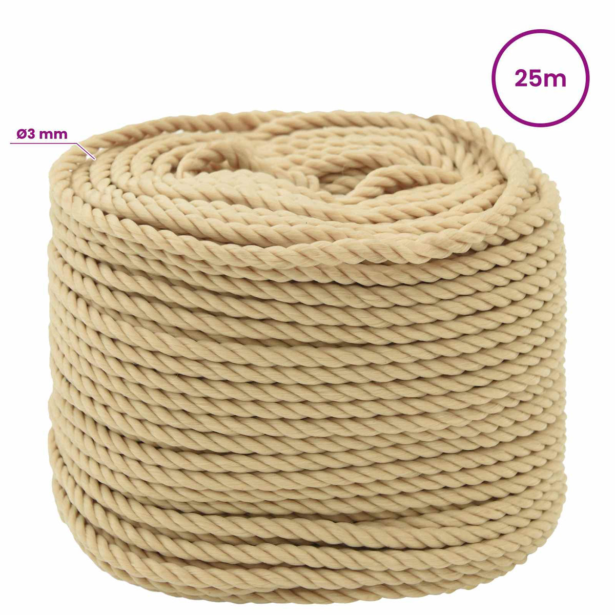 Multipurpose Utility Rope 3 mm 25 m Natural PP 67.5 kg Max Load