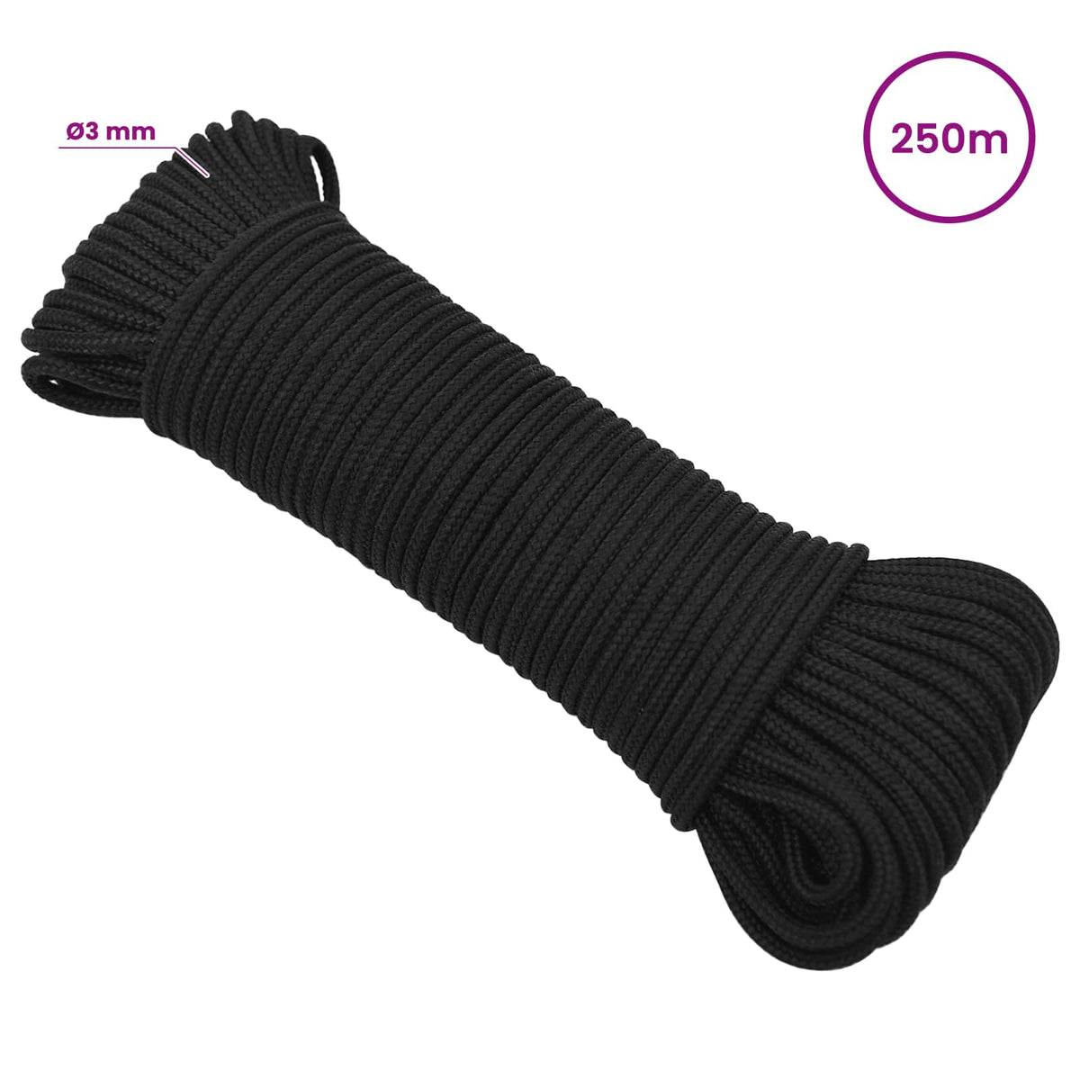 Multipurpose Utility Rope 3 mm 250 m Black PP 67.5 kg Max Load