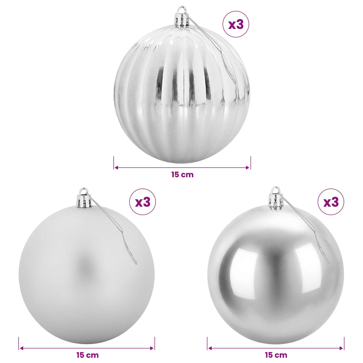 Christmas Ball Set XL 9 pcs Silver Ø 15 cm Plastic