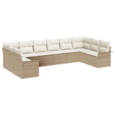 10 Piece Garden Sofa Set with Cushions Beige Poly Rattan