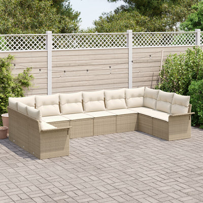 10 Piece Garden Sofa Set with Cushions Beige Poly Rattan