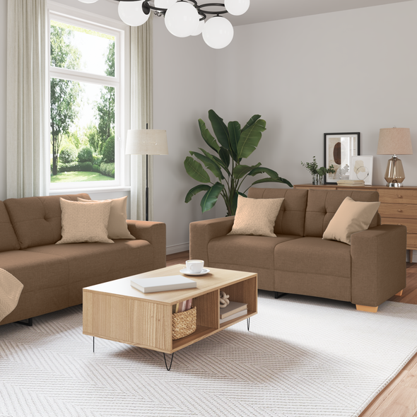2 Piece Sofa Set with Cushions Brown Fabric