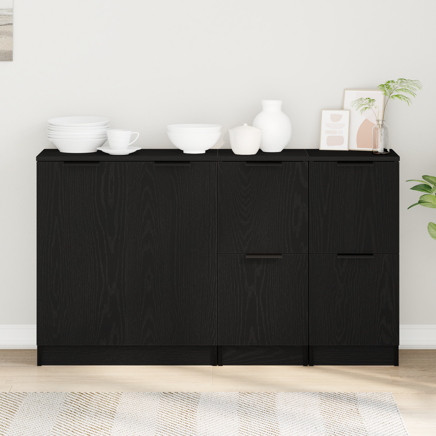Sideboard 3 pcs Black Oak Engineered Wood