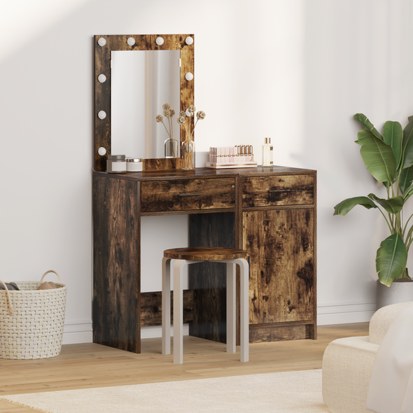 2 Piece Dressing Table Set with LED in Smoked Oak Engineered Wood